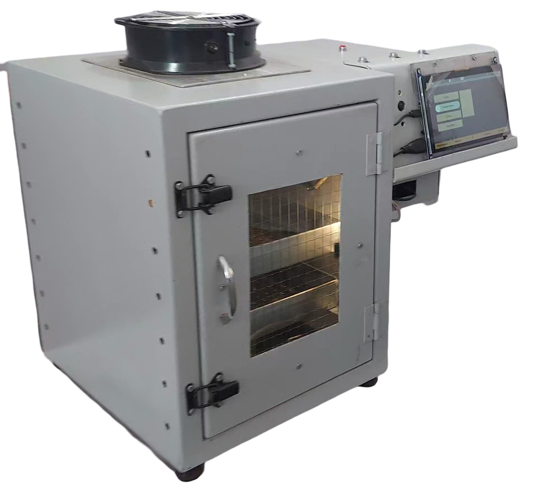 High quality image of an automated food dehydrator machine with digital display and food trays inside