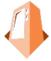Orange stylized door icon with shadow on black background